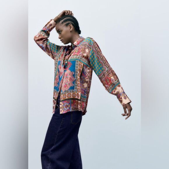ZARA Patchwork scarf Print Satin Effect Shirt buttondown blouse boho 70’s Sz M - Picture 3 of 11